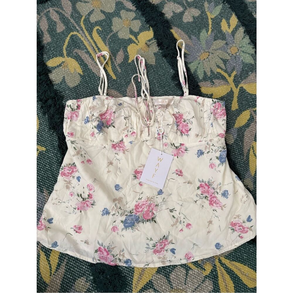 NWT WAYF Womens Ivory Tie Front Smocked Floral Spaghetti Strap Cami Top Large